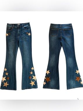 Easel Los Angeles Jeans Women’s L Blue Embellished Suede Star Flare LIKE NEW!